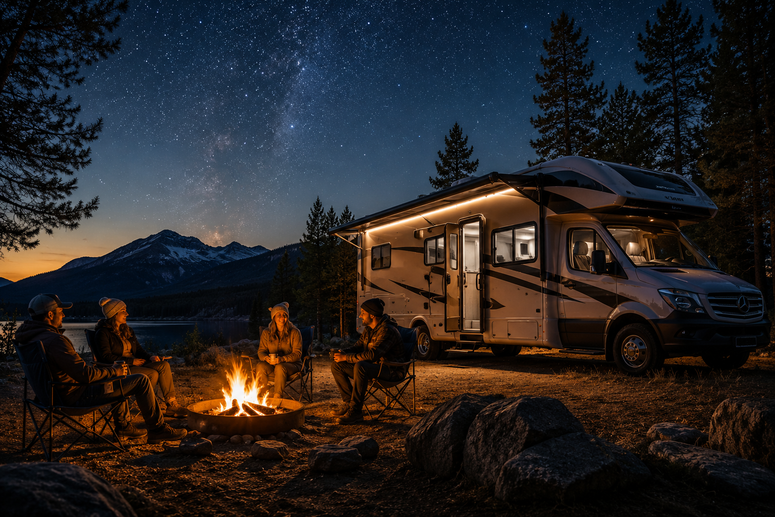 A camper parked beside a campfire under a starry night sky